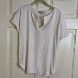 LOFT Mixed Media Cream Tie Neck Short‎ Sleeve Blouse Size Medium
